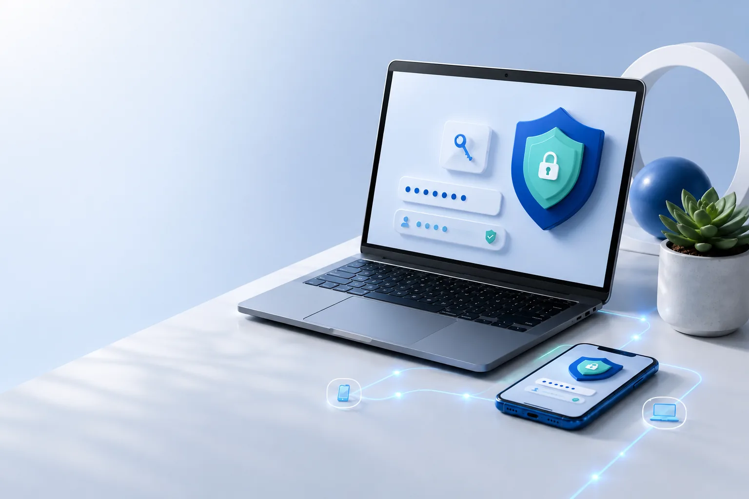 A laptop and phone protected by password, passkey, and multifactor authentication symbols