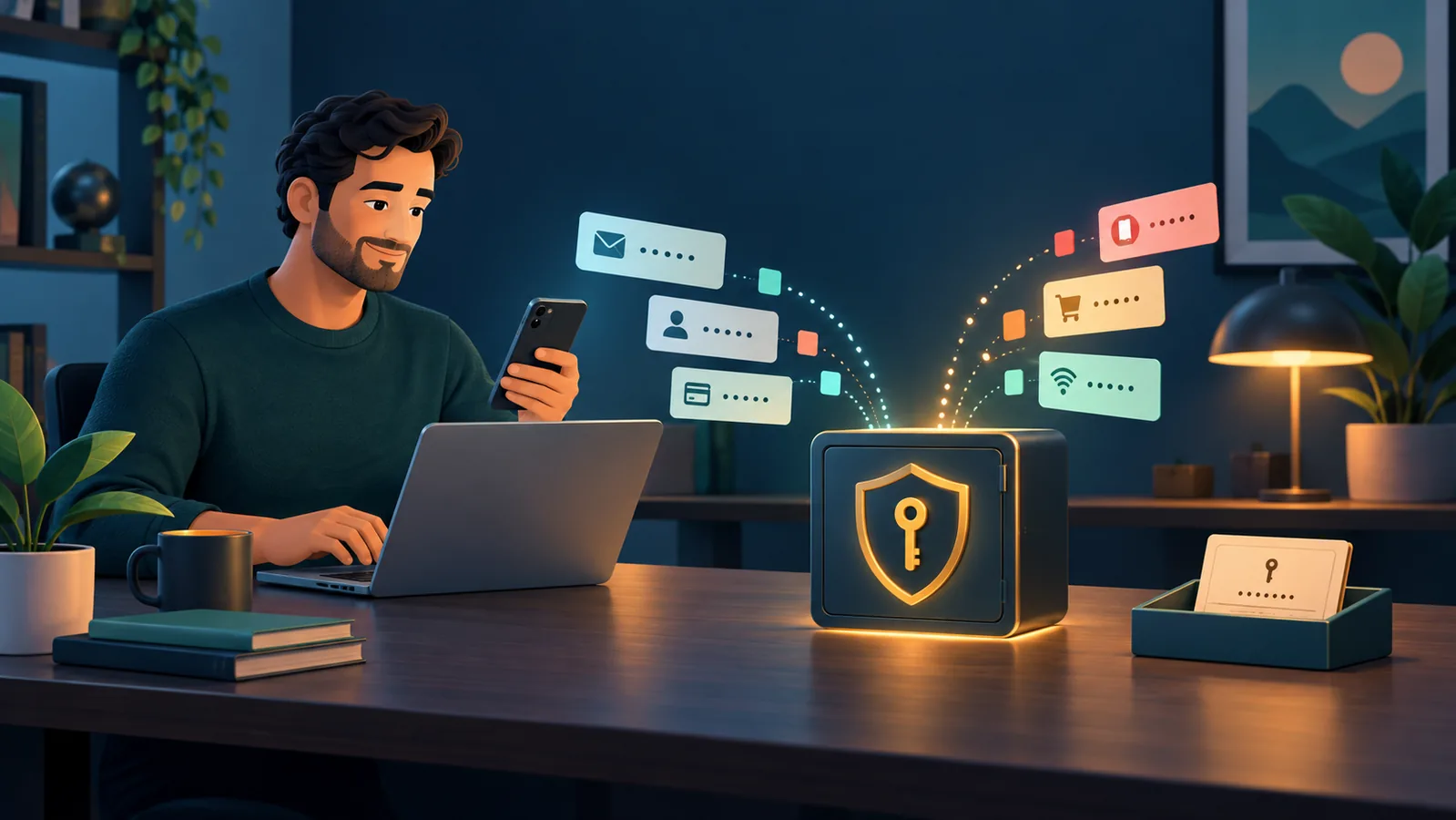 A protected password vault connecting to account cards, with an offline recovery key set aside