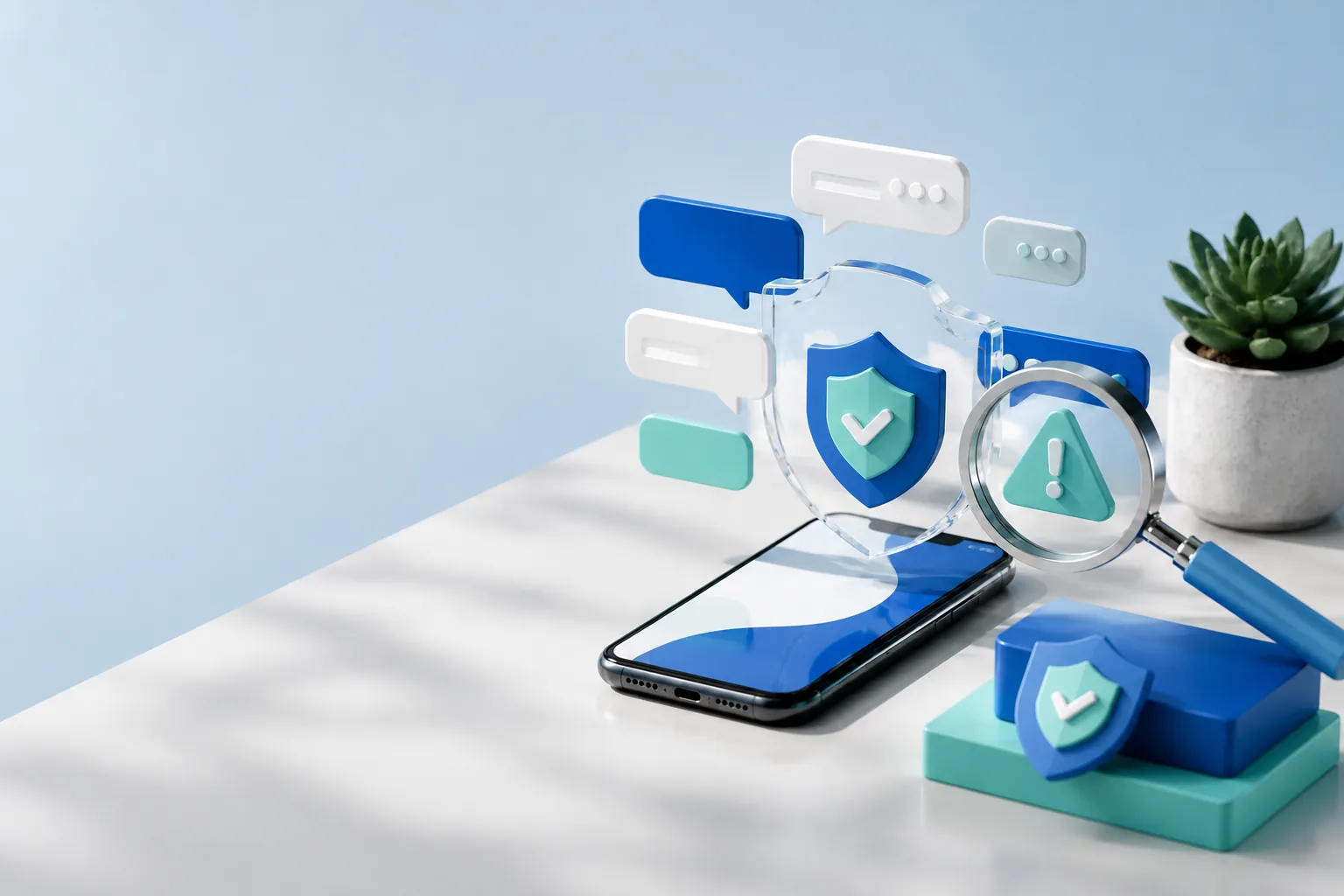 A magnifying glass checking a warning symbol among message bubbles protected by a shield